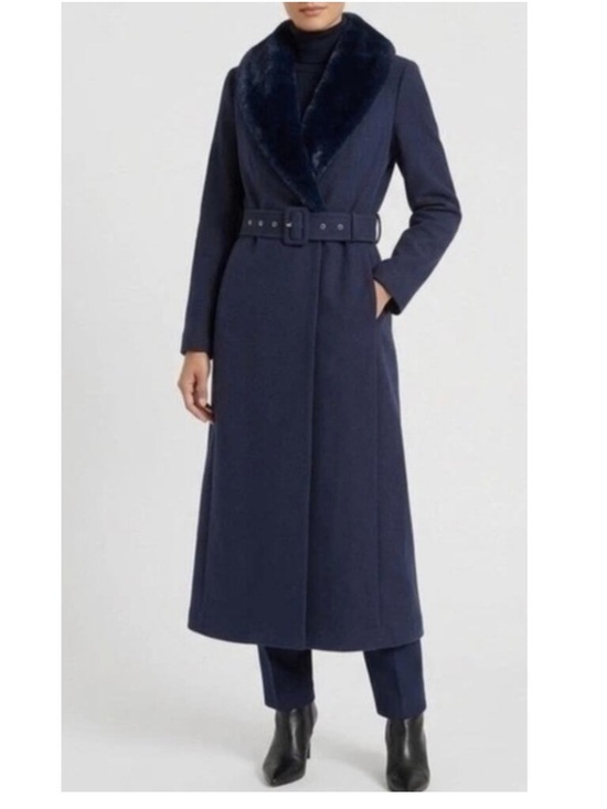 Naked Zebra Jackets & Blazers - Naked Wardrobe The Statement Navy Blue Faux Fur Collar Belted Longline Coat NEW